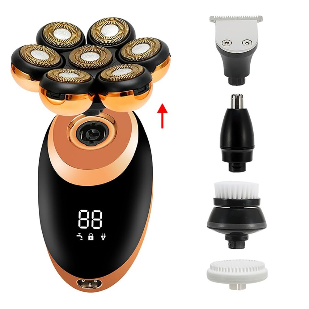 7D Rechargeable Electric Head Shaver for Men - 5-in-1 Bald Head Shaving Kit with USB Charging & LED Display | Silver Facial Trimmer for Beard, Ear & Nose Hair | Perfect for Travel, Gym & Daily Grooming