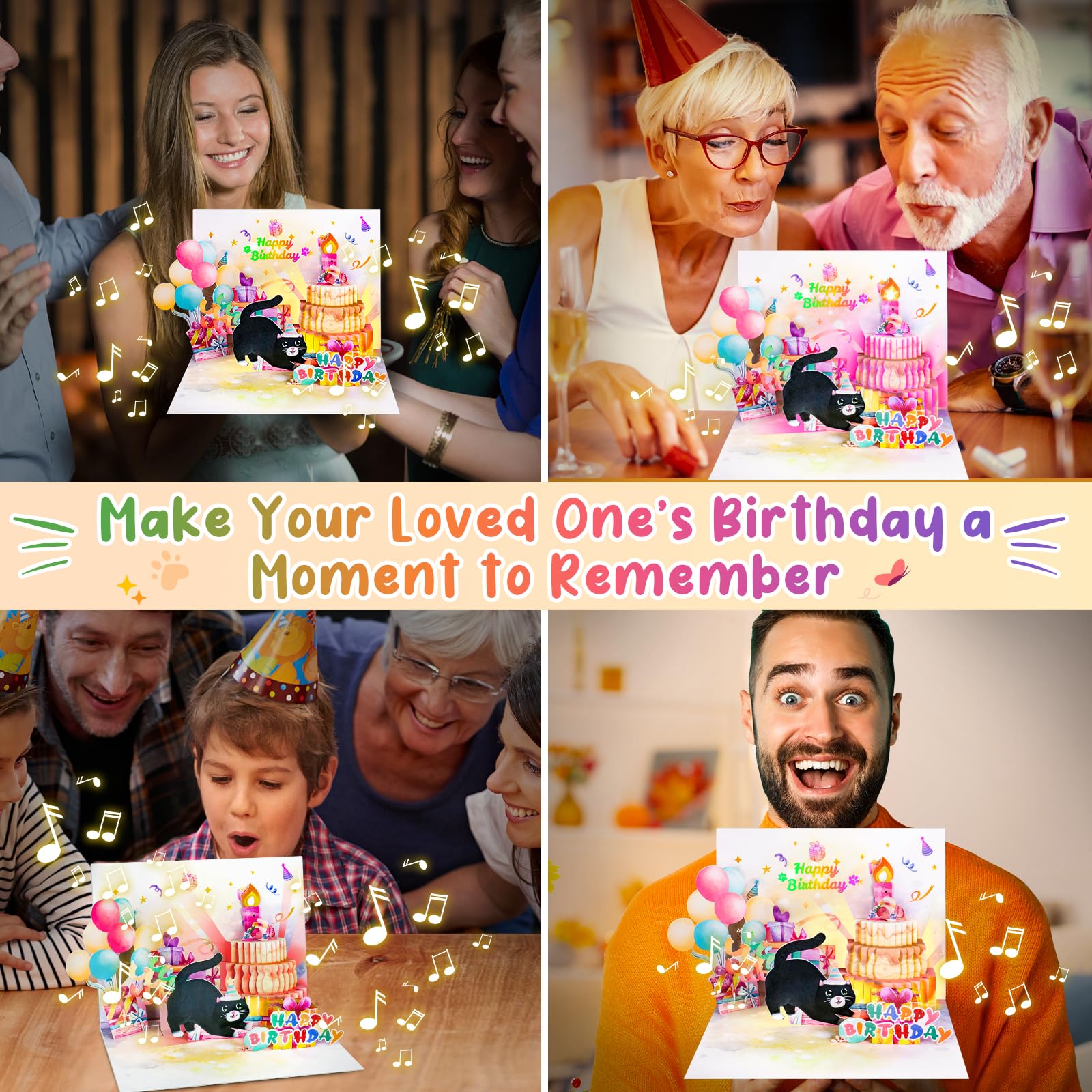 Funny Pop Up Birthday Card with Music, Lights & Blowable Candle - Cute Cat Design for Women, Men, Cat Lovers, Mom or Dad - Perfect Birthday Gift for Cat Lovers & Special Occasions