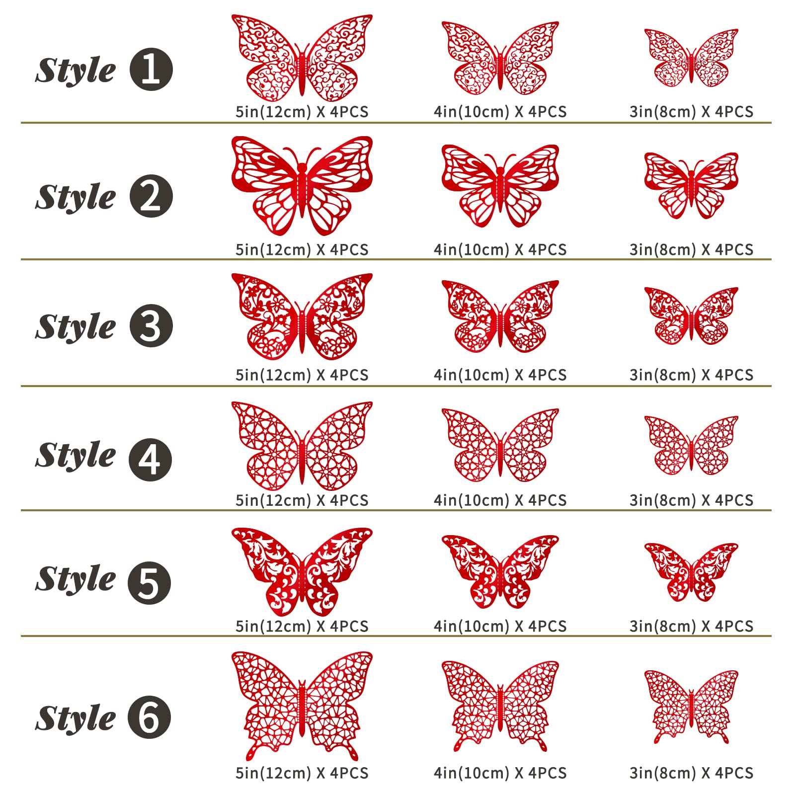 3D Butterfly Wall Decor - 72 Pcs 6 Styles in 3 Sizes - DIY Butterfly Party, Cake & Room Decorations - Perfect for Birthday, Nursery, Wedding & Kids Bedroom - Red