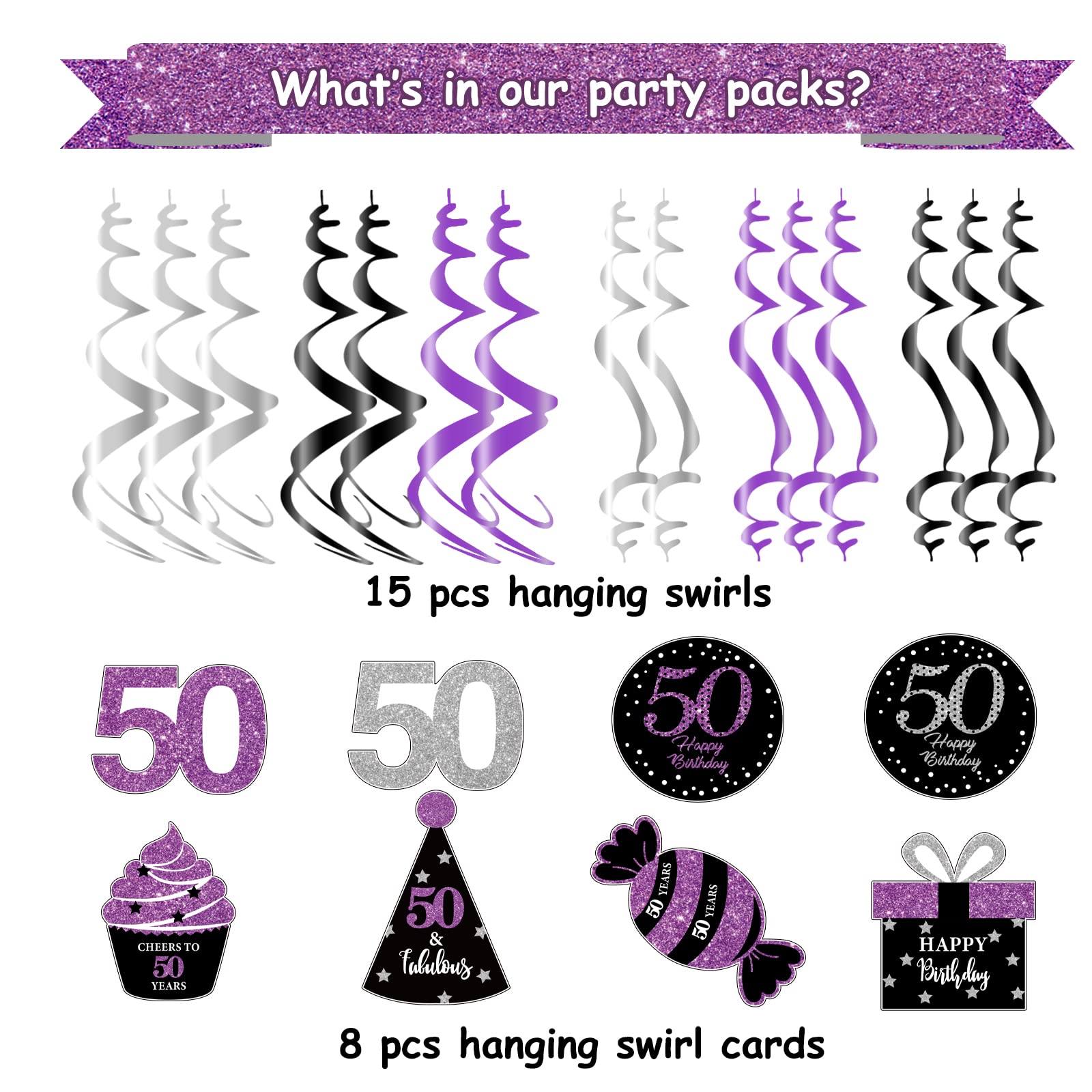 50th Birthday Party Decorations for Women - Purple, Silver & Black Foil Hanging Swirls | Elegant Women's 50th Birthday Party Supplies | Perfect for Milestone Celebrations, Photo Backdrops & Venue Decorations