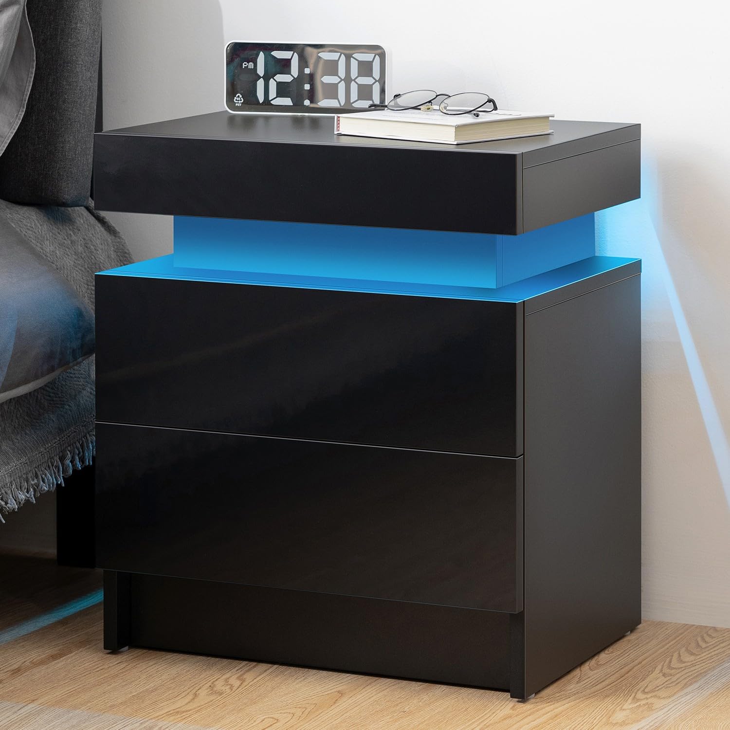 Modern LED Nightstand with 2 Drawers - Smart Bedside Table for Bedroom - Night Light & Storage Solution