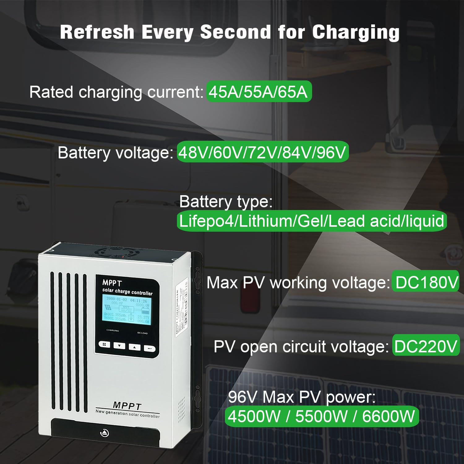 96V 65A MPPT Solar Charge Controller - 48V 60V 72V Auto Wake Up for Dead Batteries - 6600W 180V PV Input - Compatible with Sealed, Gel, AGM, Flooded & Lithium Batteries - Perfect for Off-Grid Solar Systems, RV, Marine & Home Backup Power