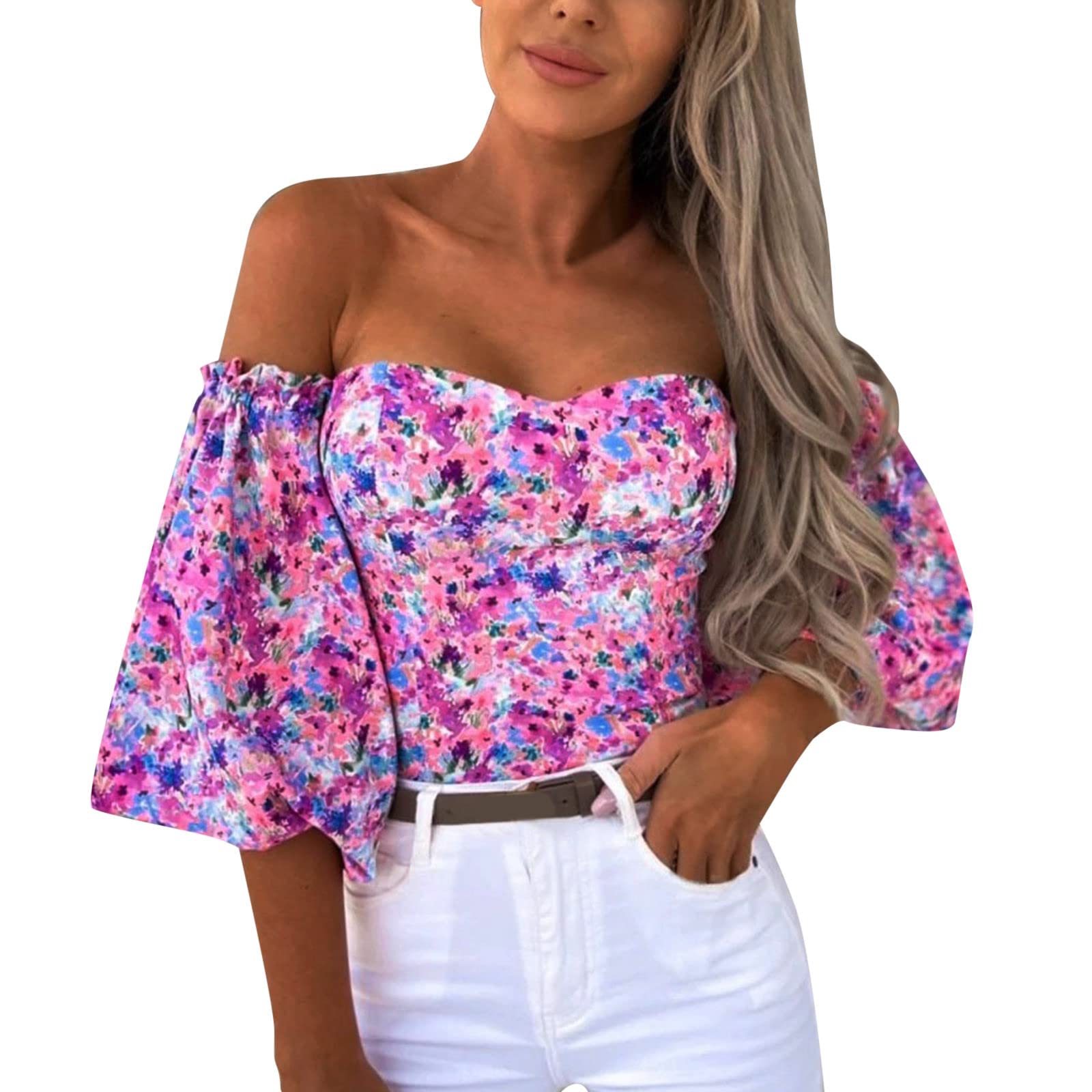 Trendy Women's Long Sleeve Off Shoulder T-Shirt - Floral Print Flare Blouse Top for Casual Wear, Date Night & Spring Outfits