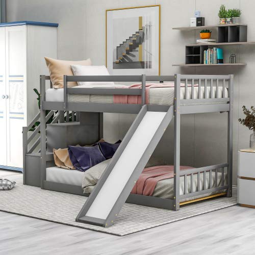 Twin Over Twin Floor Bunk Bed with Convertible Slide & Stairway - Solid Wood Low Bunk Bed with Storage Shelves & Handrail (Gray) - Perfect for Kids' Bedroom, Guest Room & Space-Saving Small Rooms