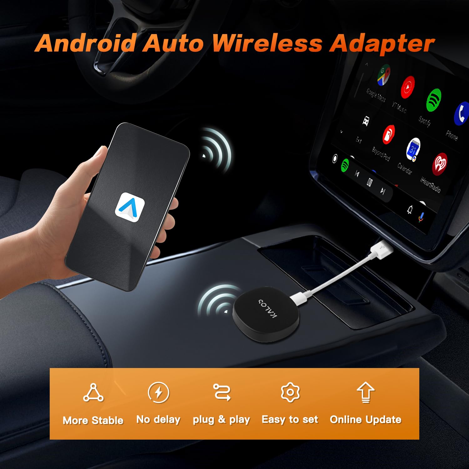 KALOS Wireless Android Auto Adapter - Plug & Play, Auto-Connect for Android 11+ & Cars 2015+ | Convert Wired to Wireless CarPlay | Fast Connection for Safer Driving & Hands-Free Navigation