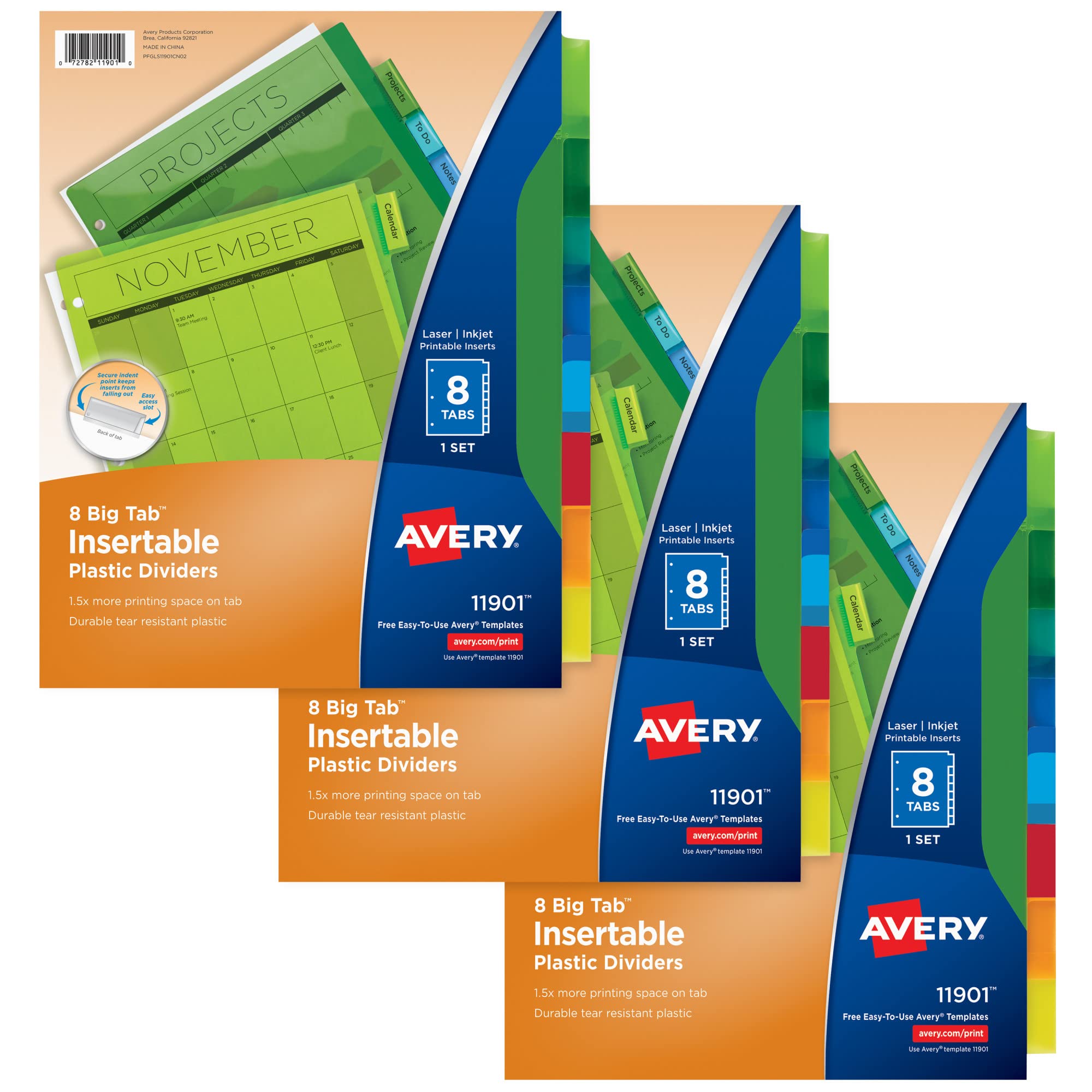 Avery 8-Tab Plastic Binder Dividers for 3-Ring Binders - Multicolor Insertable Big Tabs, 3 Sets (71901) - Perfect for School, Office Organization & Document Filing