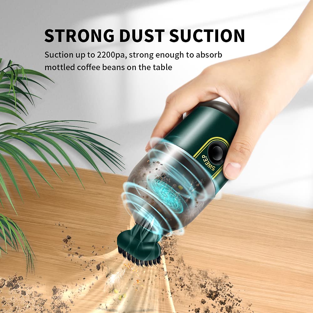 Rechargeable Cordless Mini Hand Vacuum Cleaner - 2200Pa Powerful Suction, Portable Capsule Design for Dust, Pet Hair & Debris | Perfect for Office, Home, Car, Keyboard & Piano Cleaning (Green)