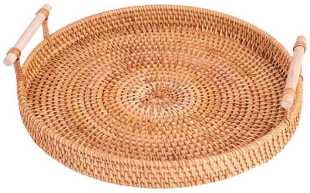 Hand-Woven Round Rattan Tray - 24cm Portable Wicker Basket with Handle for Fruit, Snacks, Breakfast Display & Storage | Perfect for Kitchen, Dining Table, Picnic & Home Decor