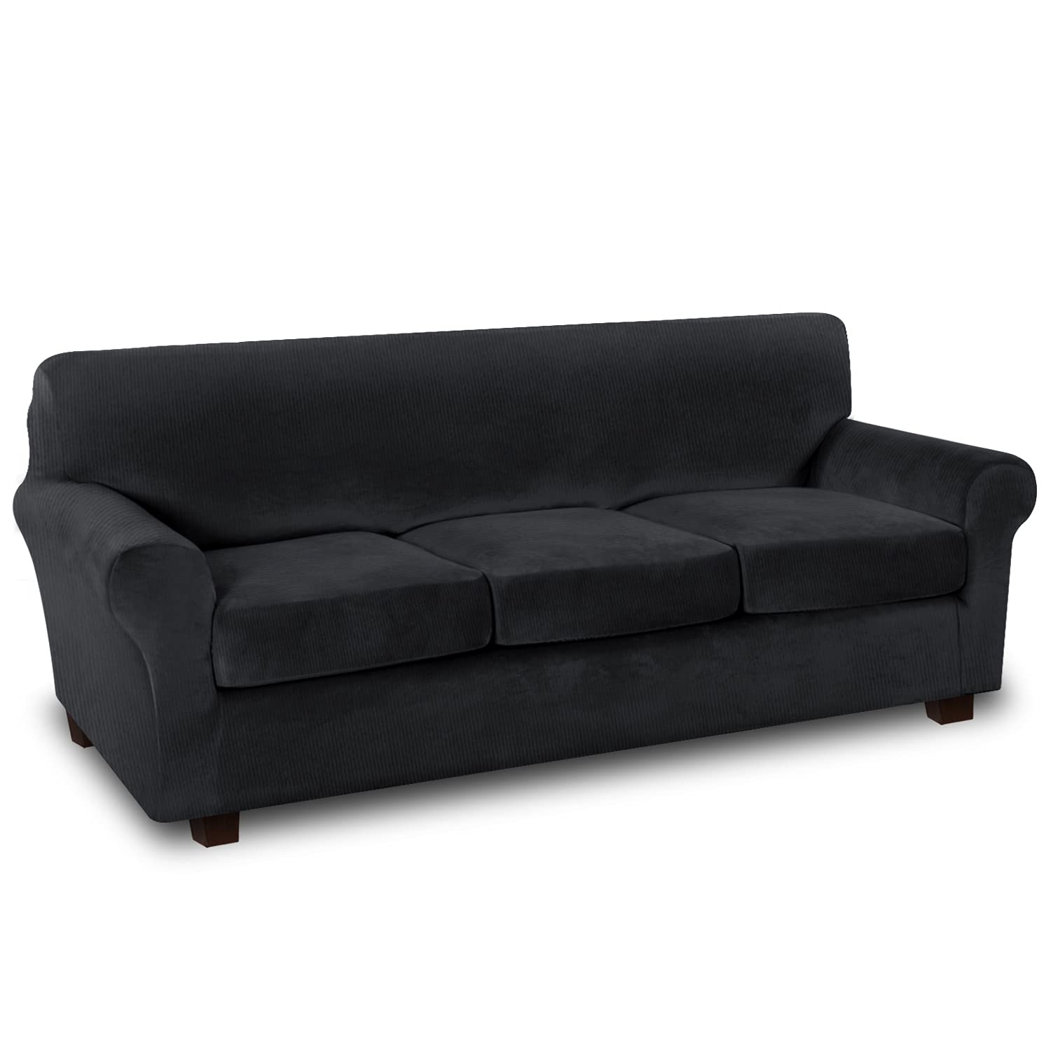 Premium 4-Piece Stretch Velvet Sofa Slipcover Set - Soft Stay-in-Place Striped Couch Cover with Base + 3 Cushion Covers (Fits 96