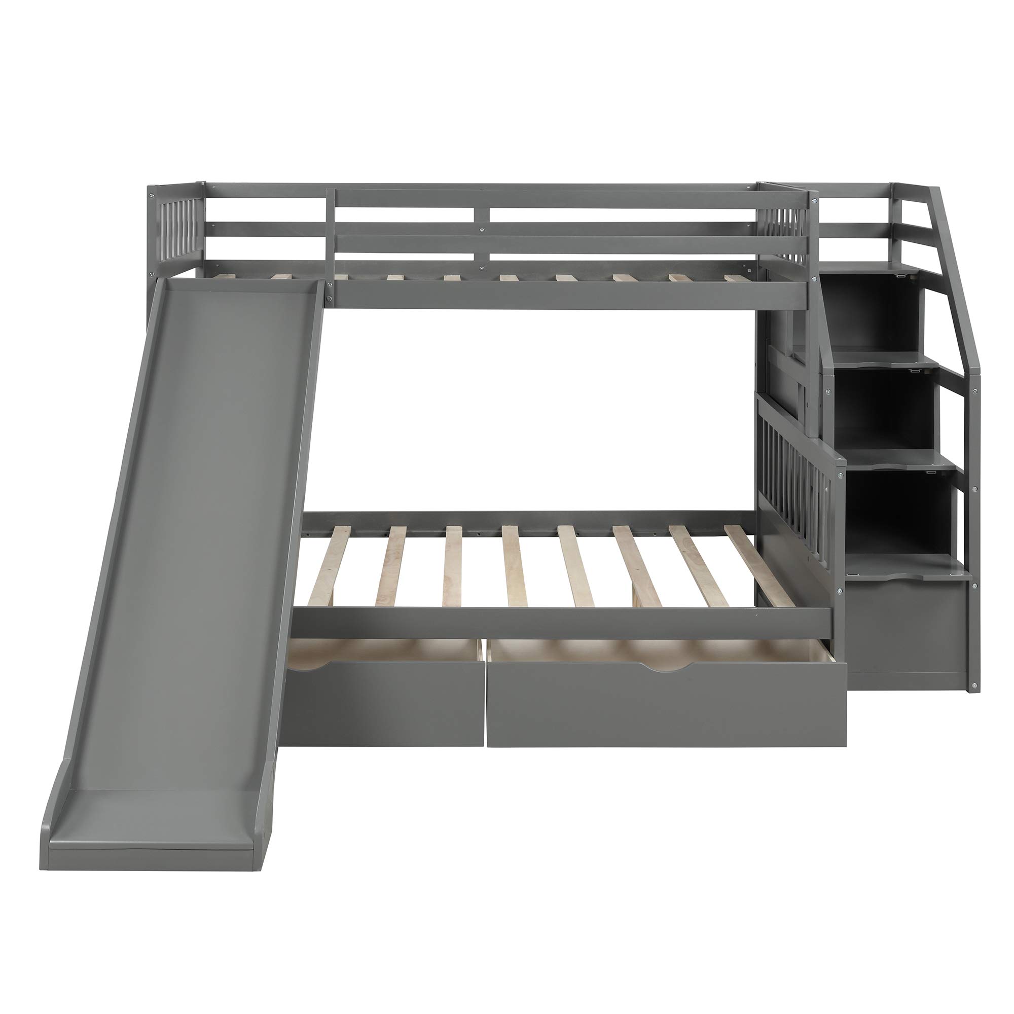 KLMM Twin Over Full Bunk Bed with Storage & Slide - Convertible for Kids & Adults (Gray) - Perfect for Small Spaces & Shared Rooms