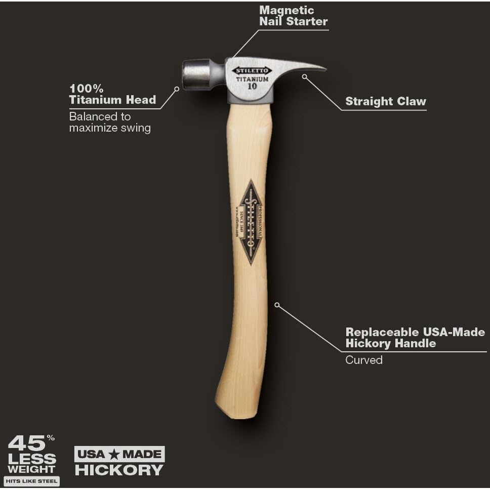 Stiletto FH10C Titanium Claw Hammer - 16oz Framing Hammer with Milled Face & Magnetic Nail Starter - Perfect for Carpentry, Construction, and DIY Home Projects