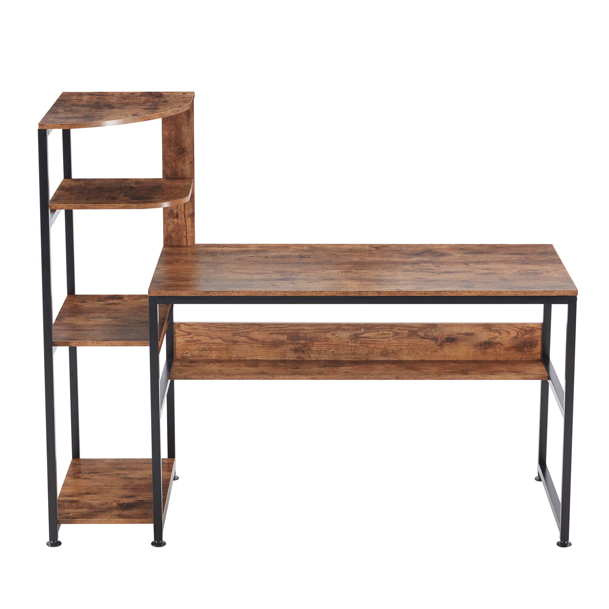 Veryke 59 Inch Computer Desk with 4-Tier Storage Shelves - Brown Office Desk, Study Writing Table with Bookshelf & Tower Shelf - Perfect for Home Office, Gaming Setup, and Small Space Workstation