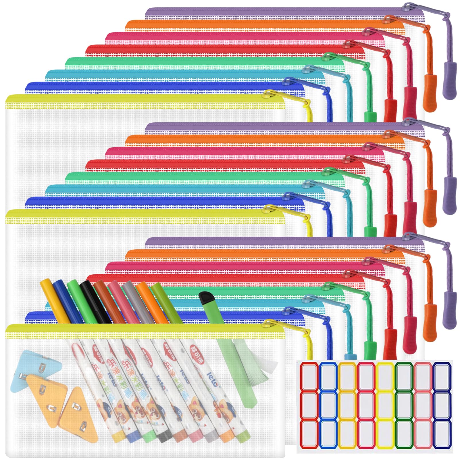 24 Pack Clear Mesh Zipper Pouch Bags - 9.3 x 4.7 Inch Small Pencil Pouches with Zipper for School, Office & Travel Storage - Bulk Organizer Bags for Stationery, Makeup, Jewelry & Toiletries