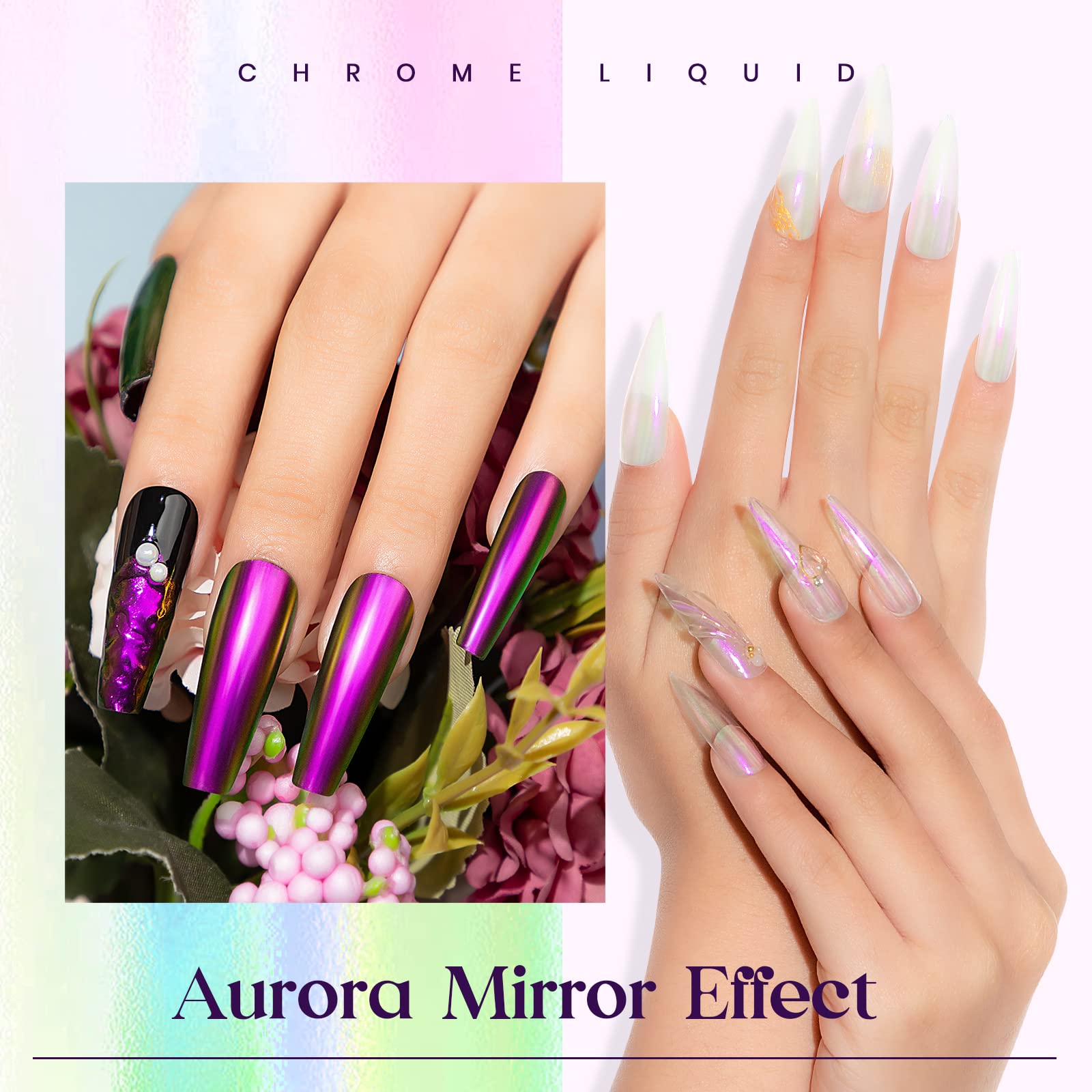 MIZHSE Chrome Nail Powder & Liquid Mermaid Nail Polish - Aurora Magic Metallic Mirror Nail Gel with Glitter Pearl Effect (10ml) for Professional Salon Manicure & DIY Nail Art at Home