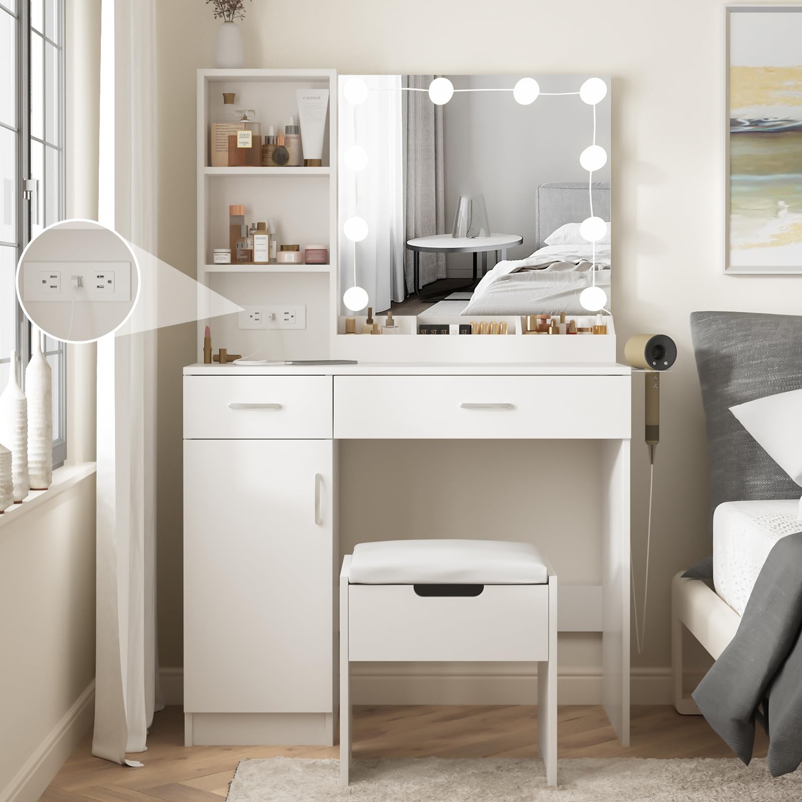 Fameill White Makeup Vanity Desk with LED Lighted Mirror, Power Strip & Storage - 2 Drawers, 3 Lighting Colors, 35.4 Inch - Perfect for Bedroom, Dressing Room & Beauty Salon Makeup Application