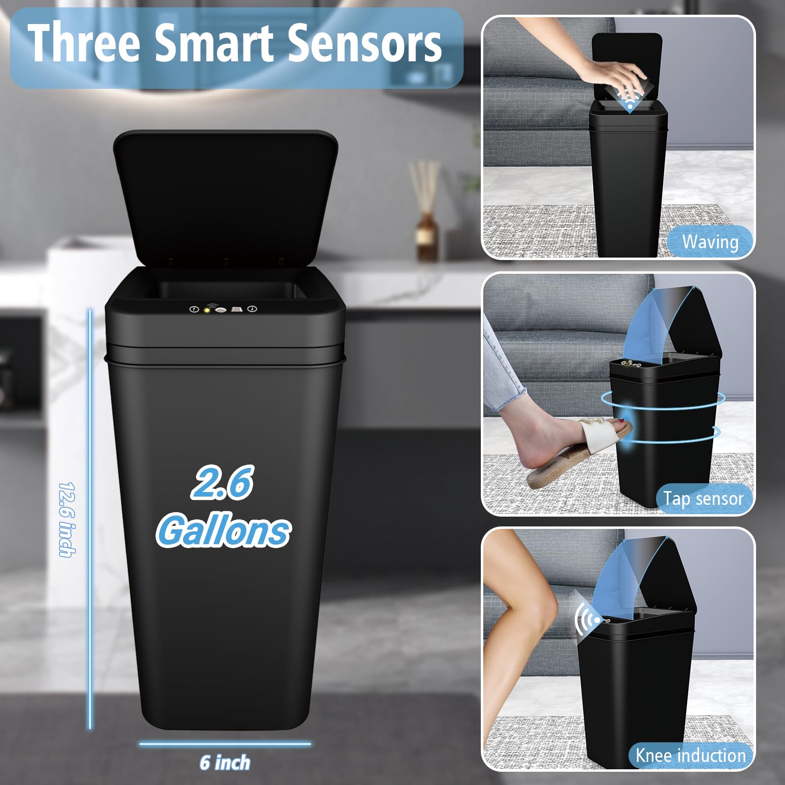 3-Pack Automatic Motion Sensor Trash Can with Lid - 2.6 Gallon Slim Waterproof Touchless Garbage Bin for Bathroom, Bedroom, Office & Living Room - Black | Perfect for Small Spaces, Home Decor & Hands-Free Waste Disposal