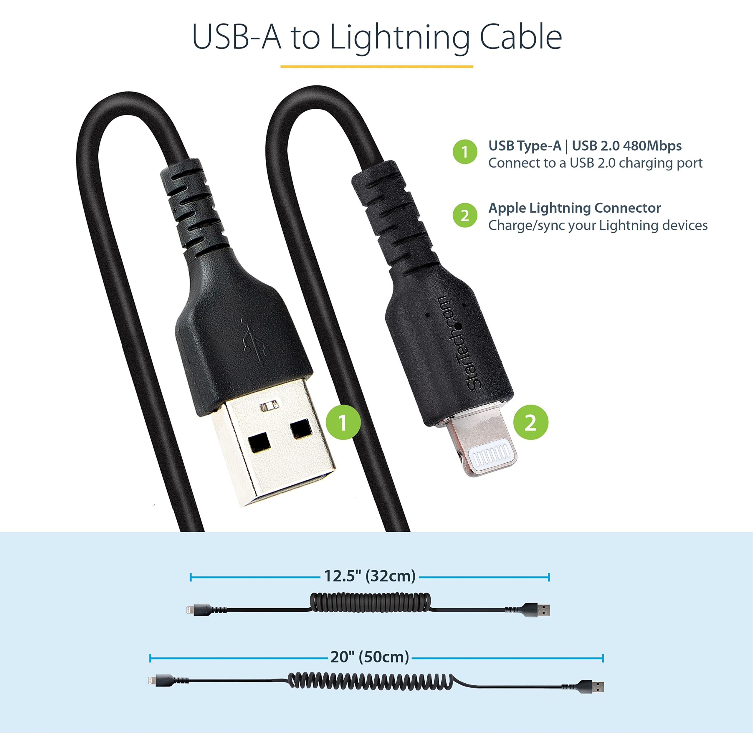 StarTech.com 20in USB to Lightning Cable MFi Certified - Coiled iPhone Charger Cable for iPhone 14/13/12/11/X/8/7 - Durable TPE Jacket & Aramid Fiber - Heavy Duty Coil Design - Perfect for Home, Office, Car Charging & Travel Accessories (RUSB2ALT50CMBC)