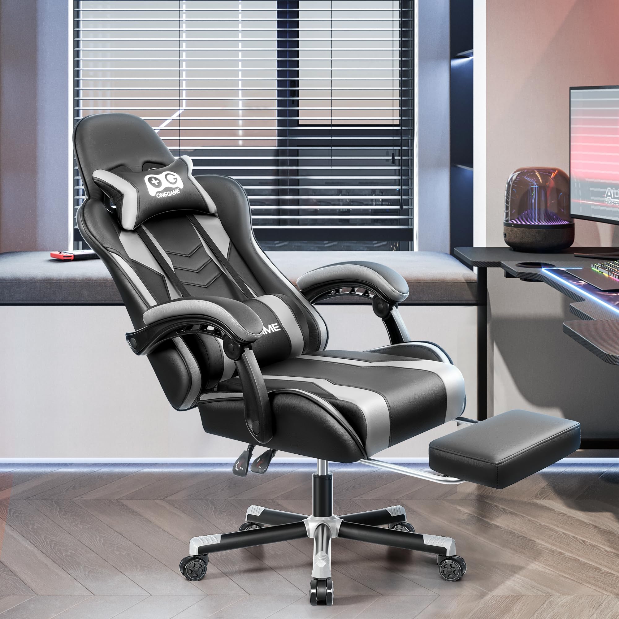 OneGame Ergonomic Gaming Chair with Adjustable Footrest & Lumbar Support - High Back Racing Style Computer Chair for Office & Home Gaming - 330LBS Weight Capacity (Black/Gray) - Perfect for Esports, Streaming & Long Work Sessions