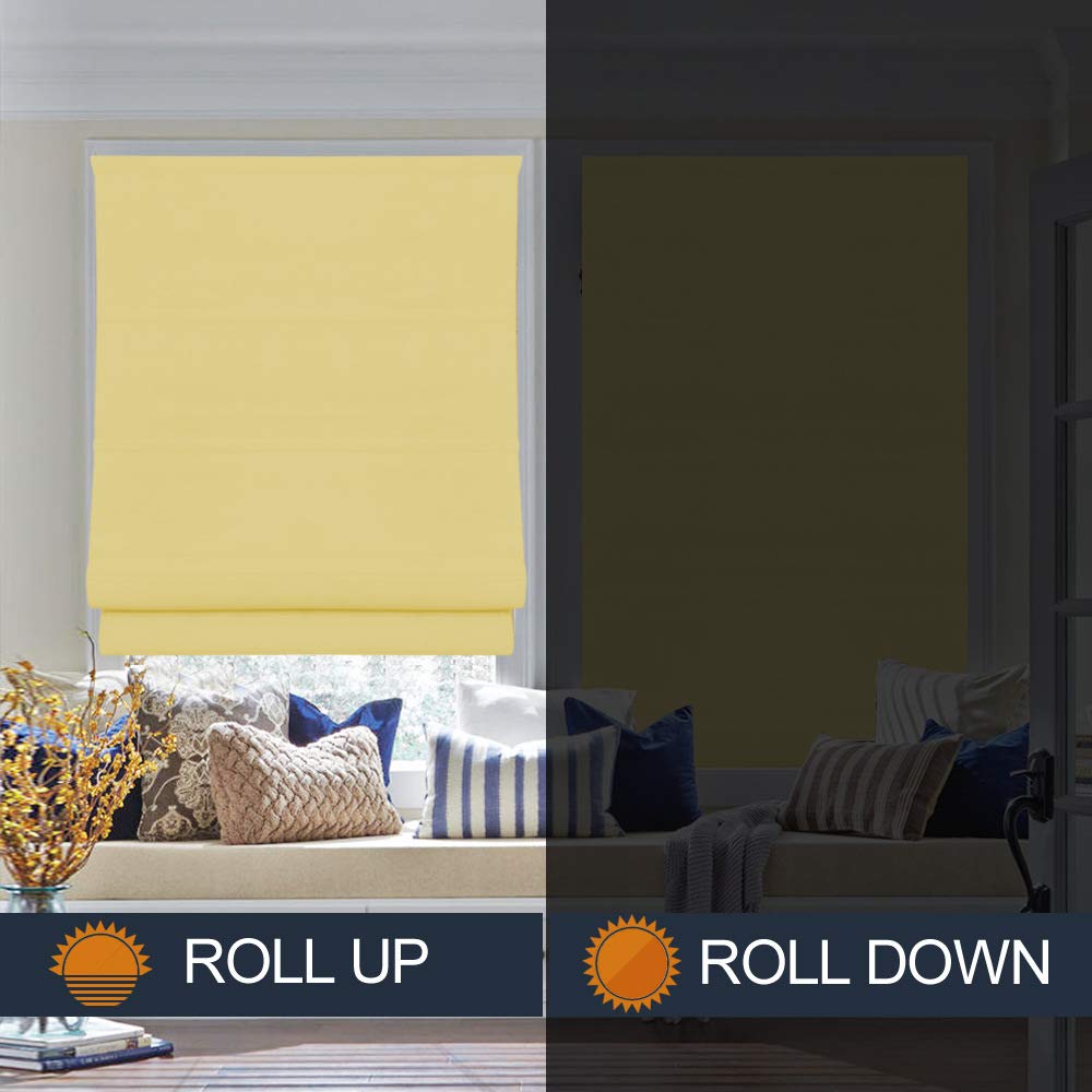 Premium Blackout Roman Shades - Custom Washable Fabric Window Blinds for Kitchen, French Doors & Living Room | Yellow Solid Color for Light Control & Privacy