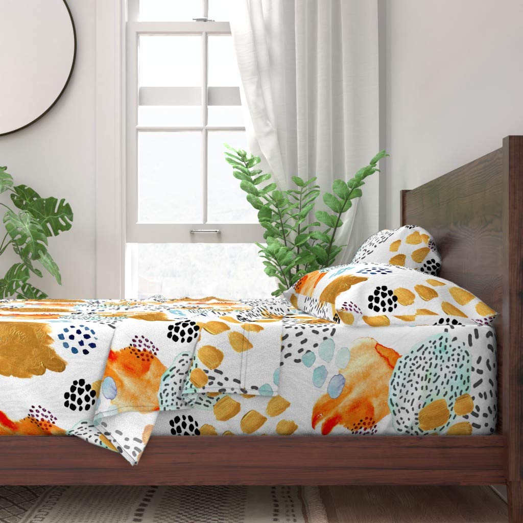 Spoonflower 100% Cotton Twin Sheet Set - 3pc Memphis Bright Watercolor Orange Turquoise Modern Geometric Abstract Gold Print Bedding for Kids, Teens & Adults - Perfect for Home, Dorm & Guest Room Decor