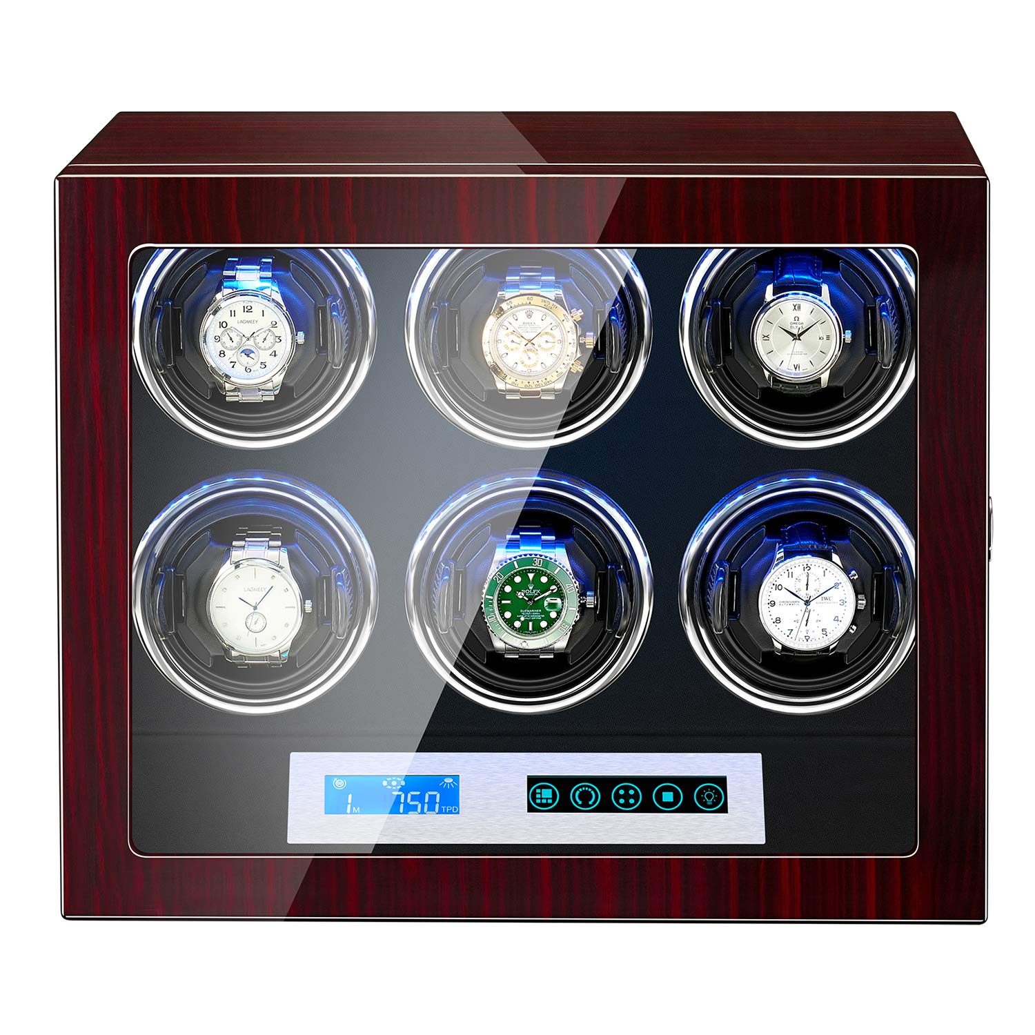 JQUEEN 6 Watch Winder with Piano Finish & High-Gloss Lacquer - Adjustable Watch Pillows, Quiet Japanese Mabuchi Motor, Built-in LED Light - Perfect for Automatic Watch Collection, Display & Storage at Home/Office