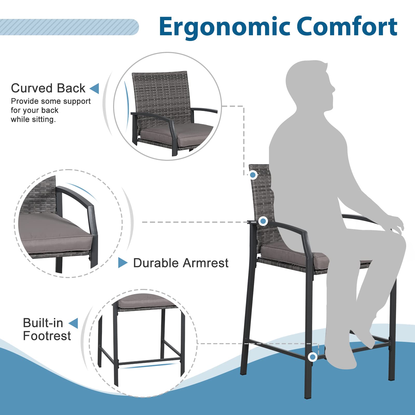 JOIVI 3-Piece Outdoor Patio Bar Set - Counter Height Wicker Bar Stools with Wood Top Table & Cushions - Perfect for Backyard, Balcony, Deck or Poolside Dining for 2 People - Ideal for Entertaining, Relaxing & Outdoor Gatherings