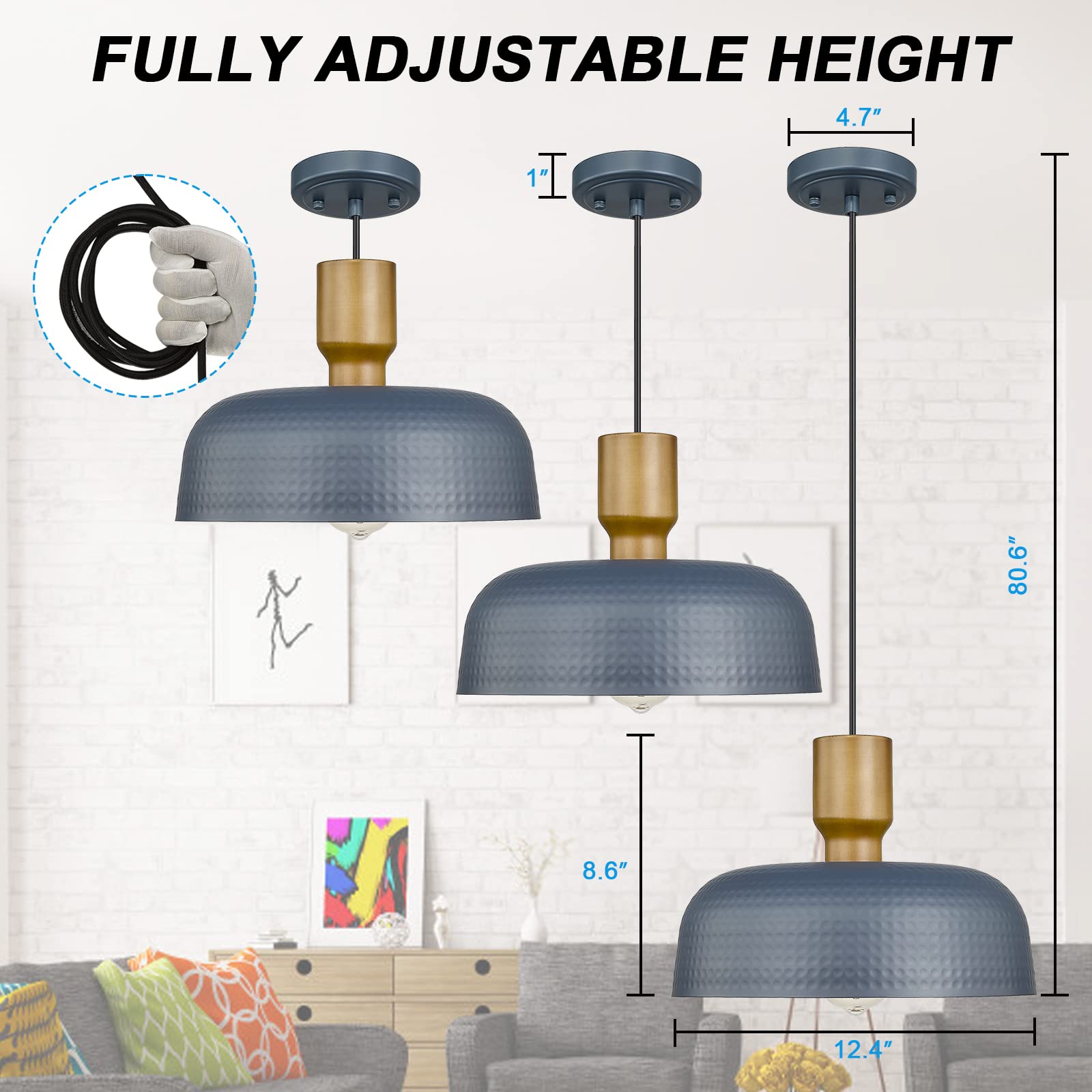 Modern Hammered Metal Pendant Light Fixtures - Adjustable Height Ceiling Hanging Lamp for Kitchen Island Lighting, 2-Pack | Perfect for Dining Room, Living Room & Bedroom Decor