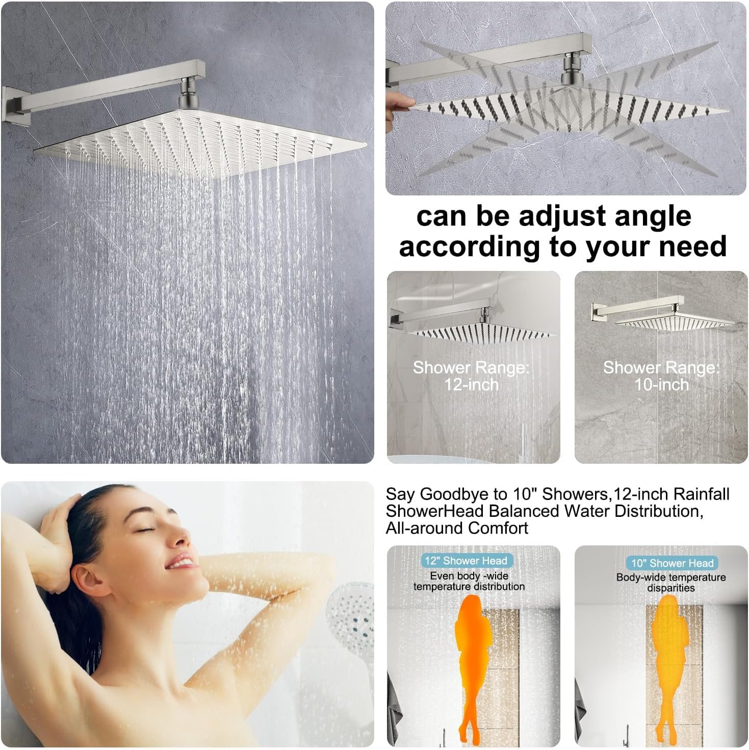 Enga 12-Inch Full Body Shower System with Adjustable Body Sprays - Wall Mounted All Metal Rain Shower Head with Rough-in Valve in Brushed Nickel - Perfect for Luxury Bathroom Renovation & Spa-Like Shower Experience