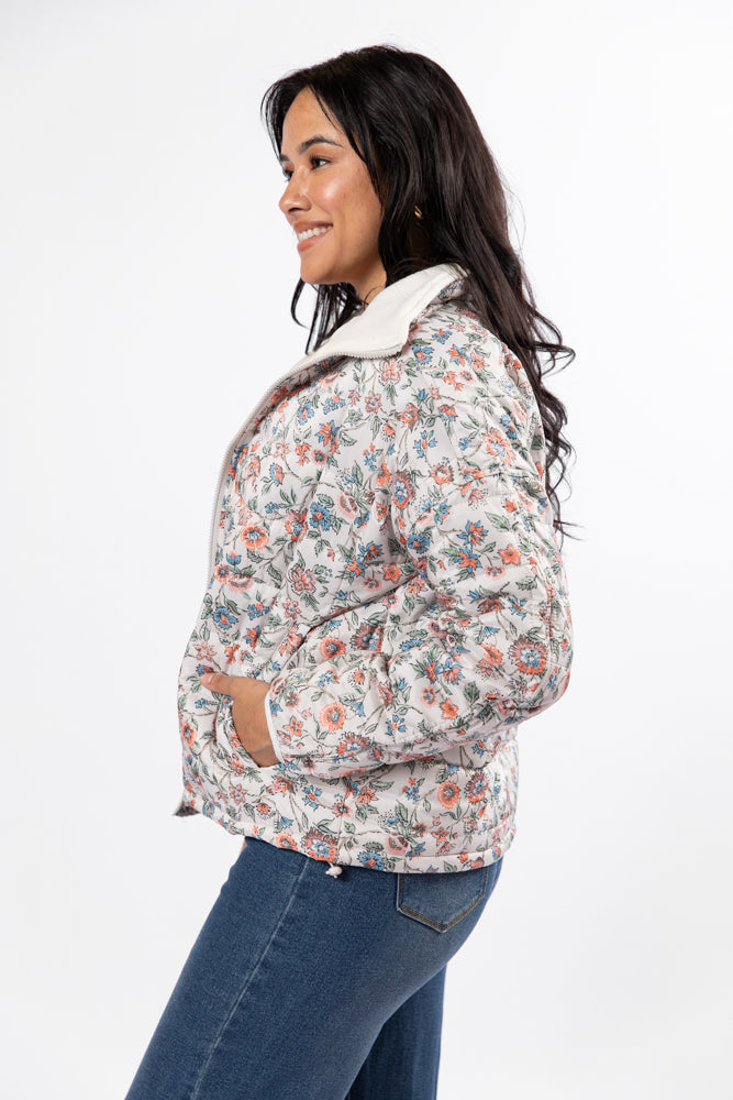 Vail Valley Pink Ivory Multi Floral Quilted Zip Up Jacket for Women - Lightweight Spring Outerwear for Hiking, Travel & Casual Wear - FINAL SALE