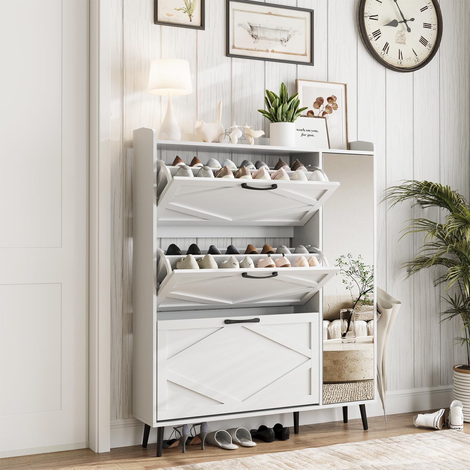 Maupvit 3-Drawer Shoe Cabinet with Mirror - Slim Hidden Storage for Entryway & Hallway
