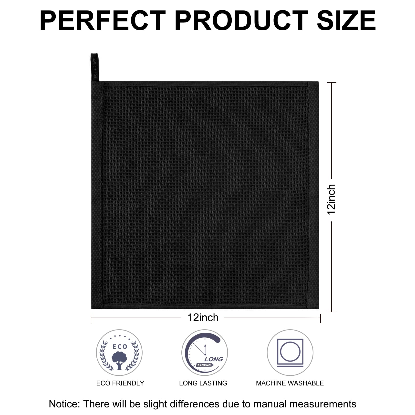 Joybest 8-Pack Cotton Waffle Weave Dish Cloths - Ultra Soft & Absorbent Kitchen Towels (12x12 Inches, Black) | Quick Drying Washcloths & Dish Rags for Cooking, Cleaning & Dish Drying