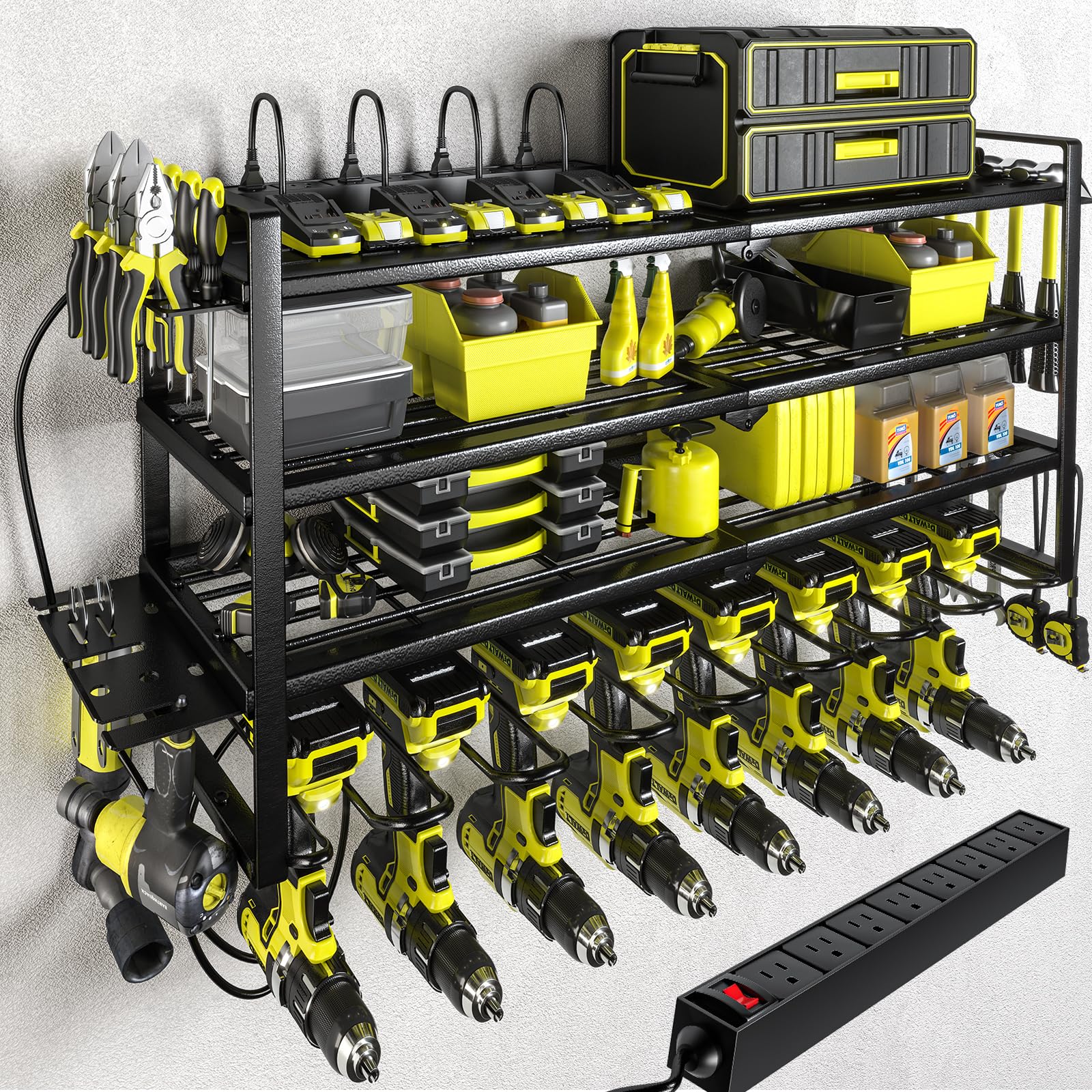 KAFAHOM Power Tool Organizer with Charging Station - 8 Drill Holder Wall Mount with Built-in 8 Outlet Power Strip, Tool Storage Shelf & Battery Organizer for Screwdrivers, Hammers & Air Tools | Perfect for Garage, Workshop & DIY Projects