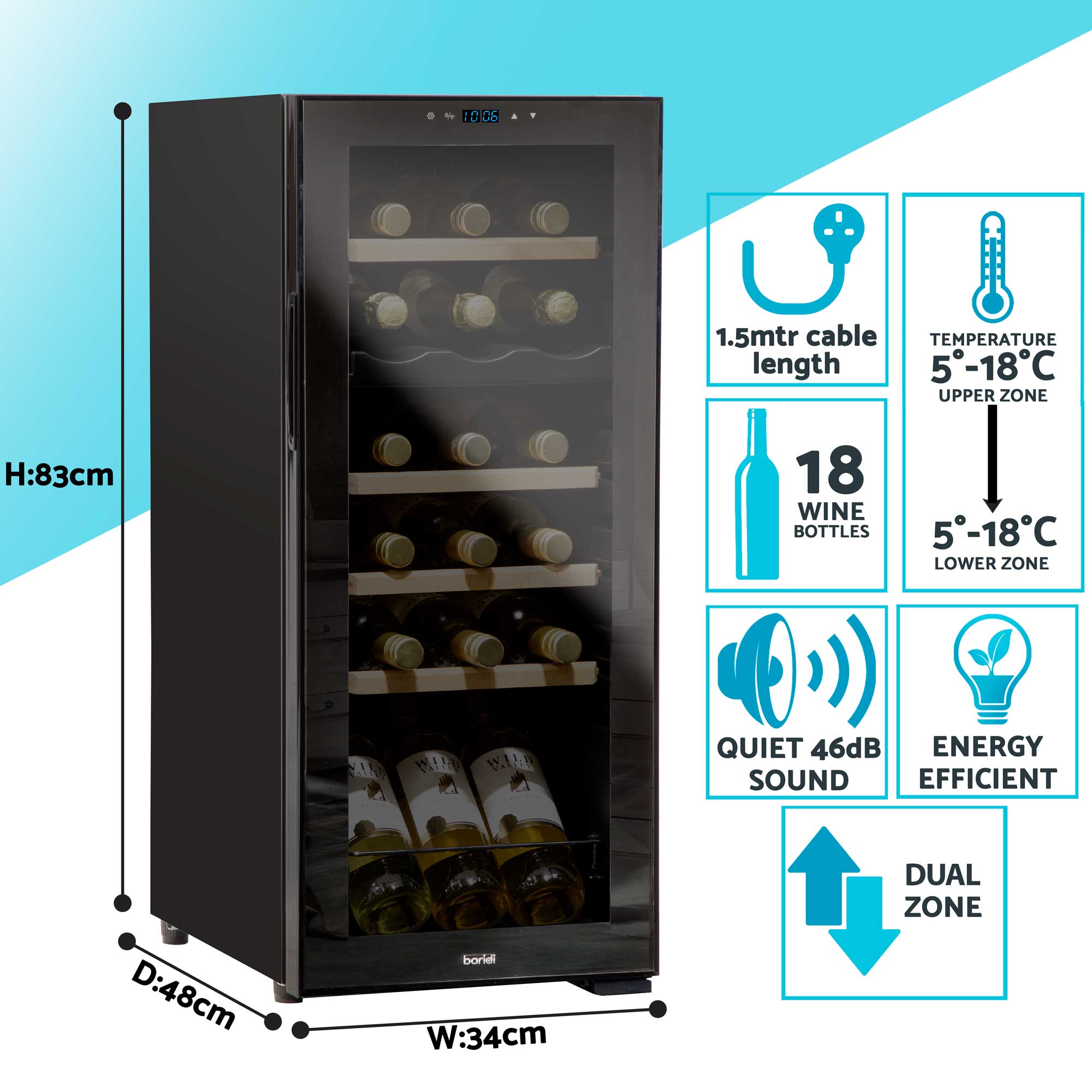 Baridi 18 Bottle Dual Zone Wine Cooler Refrigerator with Touch Screen Controls & Wooden Shelves - Perfect for Home, Office, or Restaurant Wine Storage and Display