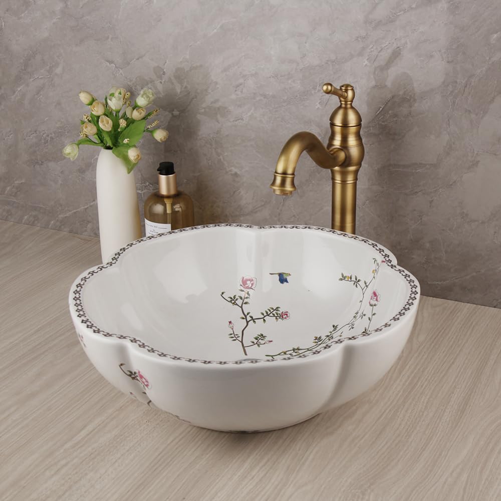 Antique Brass Faucet Round White Ceramic Vessel Sink with Floral Bird Design - Above Counter Bathroom Basin for Vanity, Powder Room & Farmhouse Decor