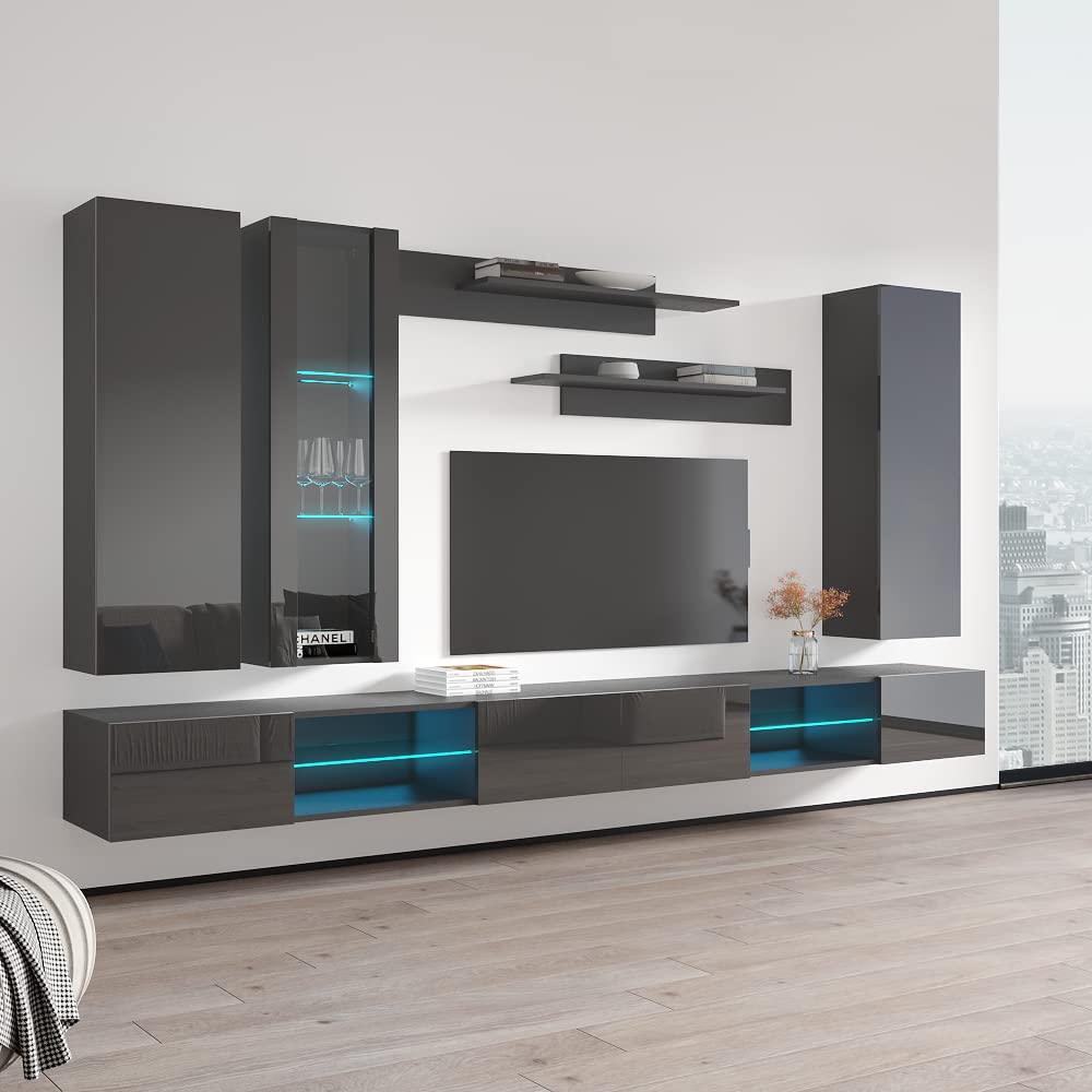 Modern Wall-Mounted TV Stand with Storage Shelves & LED Lights - Fly E 33 Entertainment Center Console for Living Room & Bedroom - Space-Saving Gray TV Cabinet (EF4) - Perfect for Small Apartments & Home Theater Setups