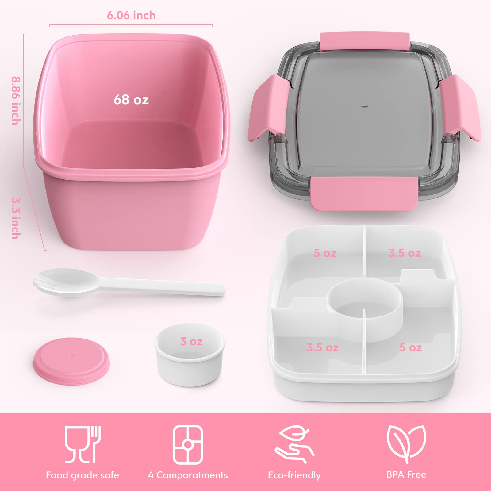 Cherrysea 2-Pack 68oz BPA-Free Salad Lunch Container with 4 Compartments & Leak-Proof Lid - Includes Fork & Sauce Container for Dressings - Perfect for Office Lunch, Meal Prep, Picnics & Healthy Eating (Pink)
