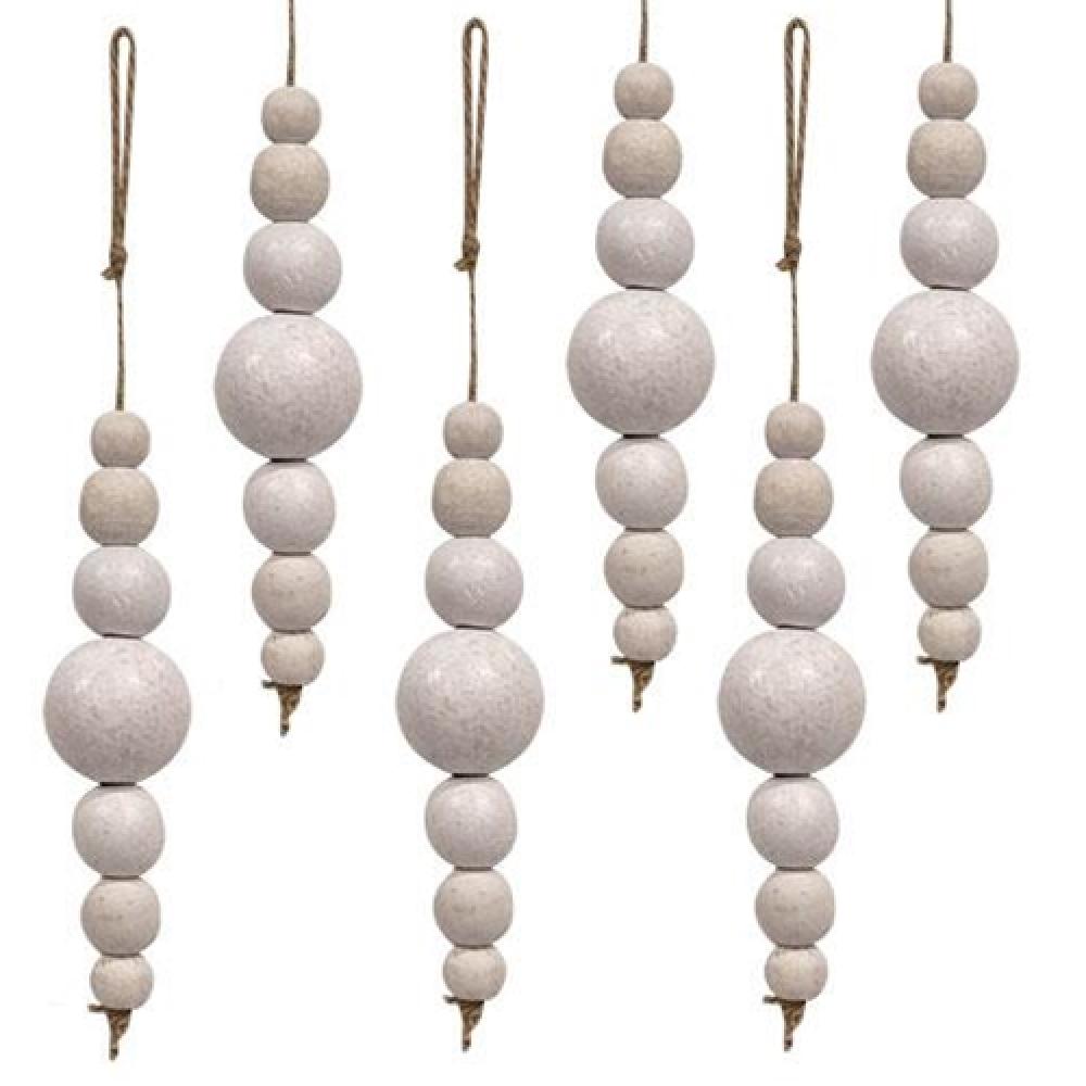 6-Pack White Wooden Bead Ornaments on Jute Rope - Rustic Boho Home Decor for Christmas Tree, Wreaths, and DIY Crafts