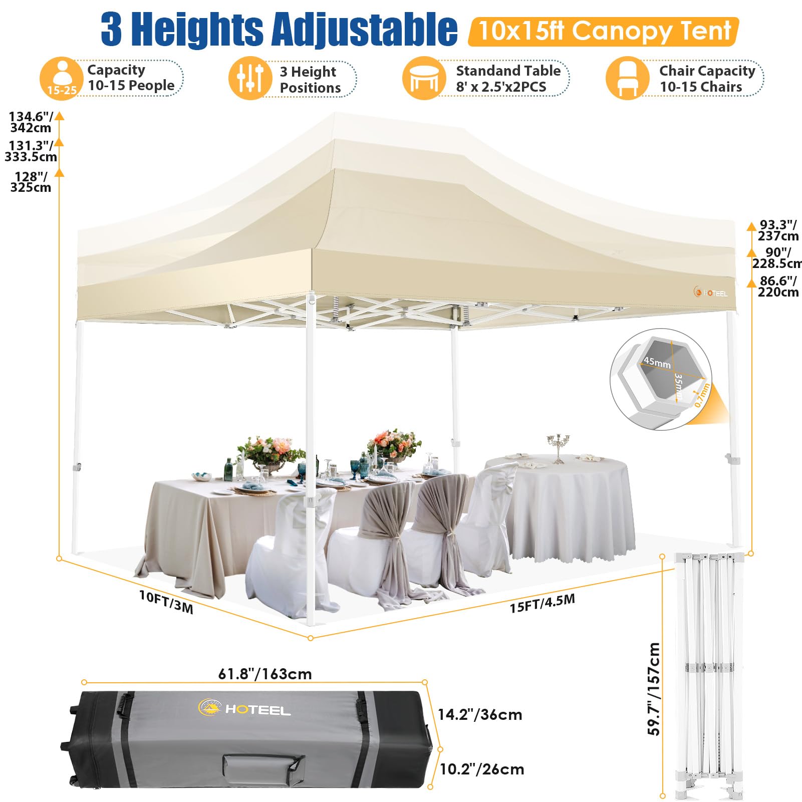 HOTEEL 10x15 Pop Up Canopy Tent - Heavy Duty Hexagonal Frame Gazebo for Outdoor Events, Weddings & Commercial Use | Easy Setup with Roller Bag & Sand Bags | Perfect for Parties, Picnics, Markets & Beach (Khaki)