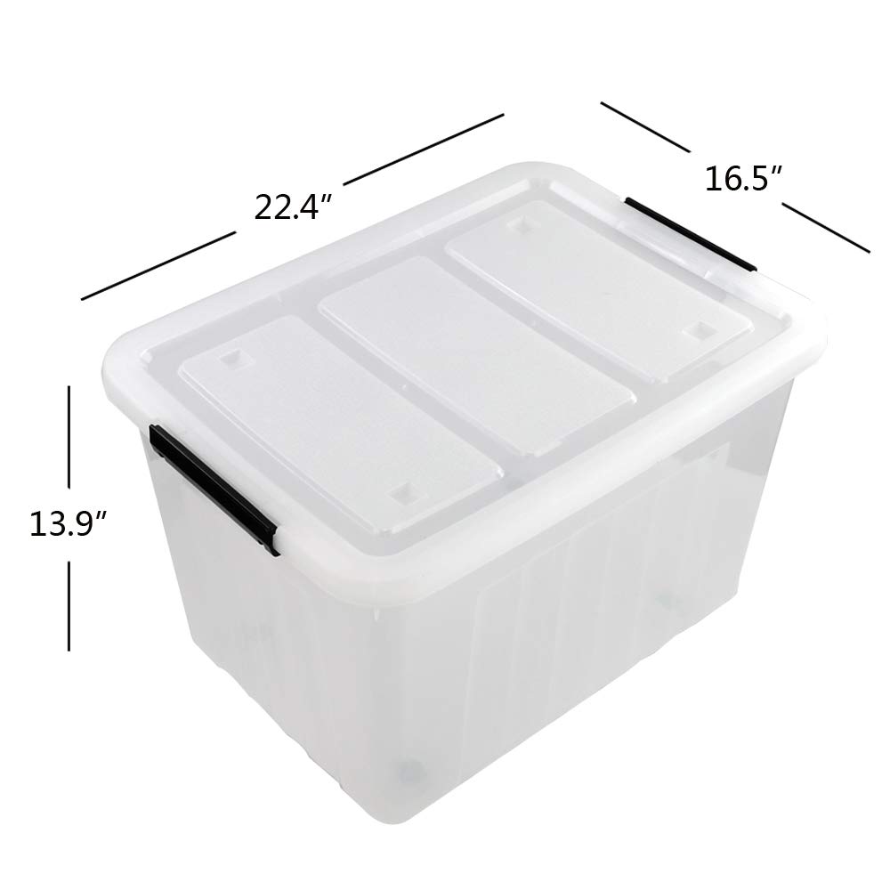 70L Clear Plastic Storage Box with Wheels - Set of 4 Large Latch Containers for Home Organization | Perfect for Garage, Closet, and Office Storage Solutions