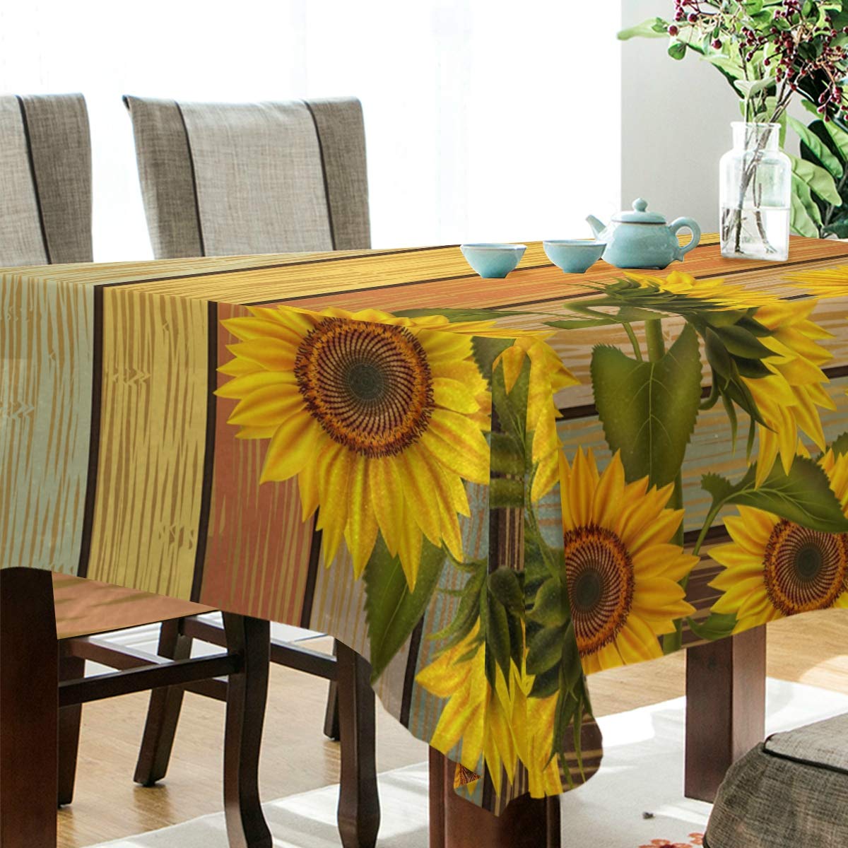 Sunflower Printed Tablecloth - Waterproof Wooden Table Cover for Dining Room & Kitchen Decor - Perfect for Parties, Picnics, and Everyday Use