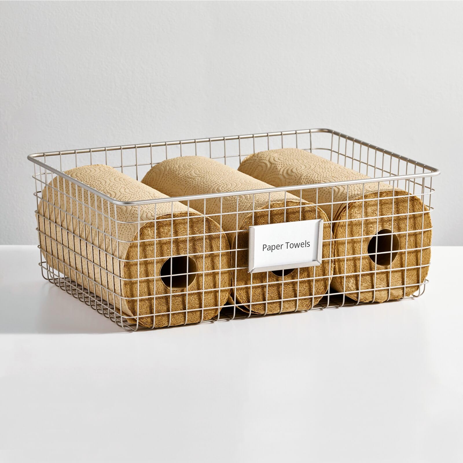 mDesign Wide Steel Wired Storage Organizer Bins with Label Slots - 4 Pack Satin Finish for Kitchen Pantry, Cabinet & Home Organization | Perfect for Food Storage, Snacks, Produce & Drinks | Omaha Collection | Ideal for Pantry Shelving, Refrigerator Organization & Closet Storage