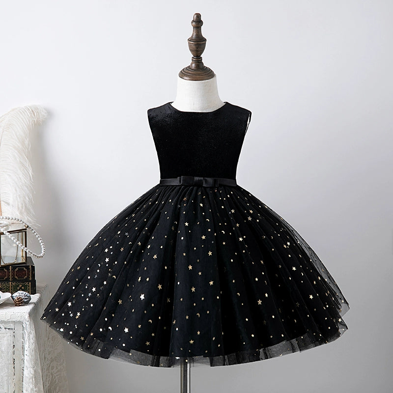 Black Princess Round Tea Length Tulle Flower Girl Dress for Weddings, Birthday Parties & Special Occasions