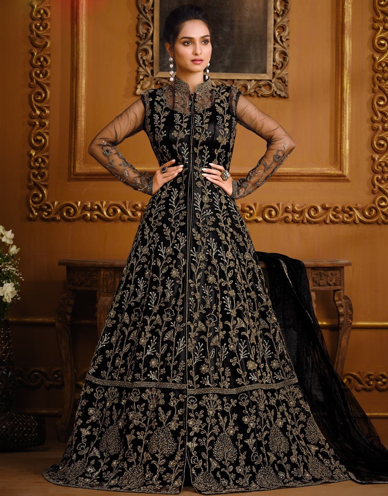 Elegant Black Pant Style Anarkali Dress with Soft Net Fabric - Perfect for Weddings, Parties & Festive Occasions