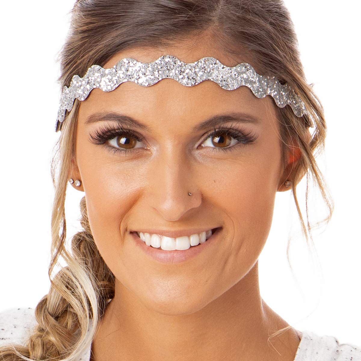 Sparkly Bling Headbands for Women, Girls & Teens - Adjustable No-Slip Petite Size 3-Pack (Silver Glitter Mix) - Perfect for School, Parties, and Everyday Fashion Accessories