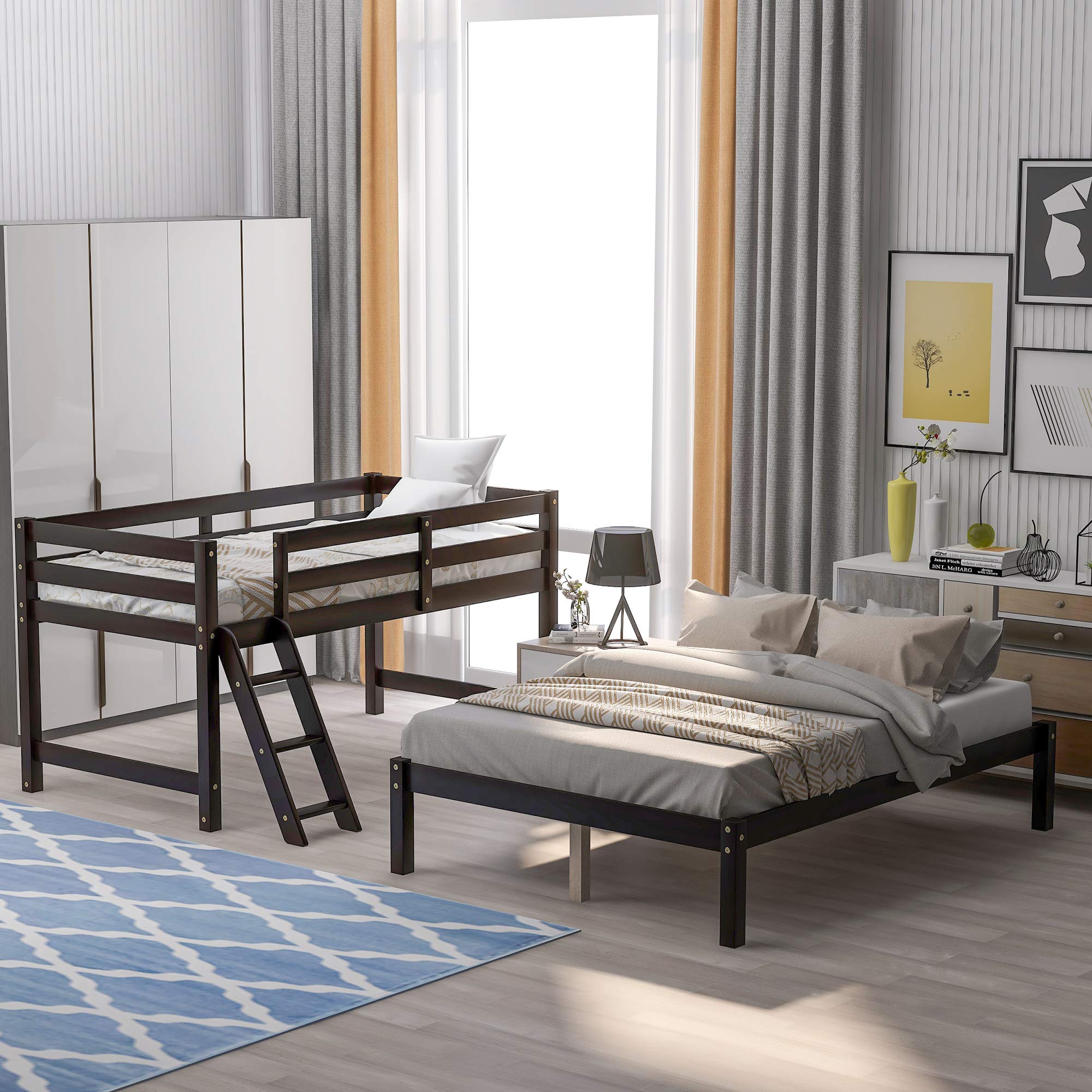 Twin Over Full Bunk Bed with Guardrail & Ladder - Solid Wood Convertible Bunk Bed for Kids & Teens | Separates into Twin Loft Bed & Full Size Bed | Wood Slat Support (No Box Spring Needed) | Espresso Finish | Perfect for Small Bedrooms, Guest Rooms & Vacation Homes