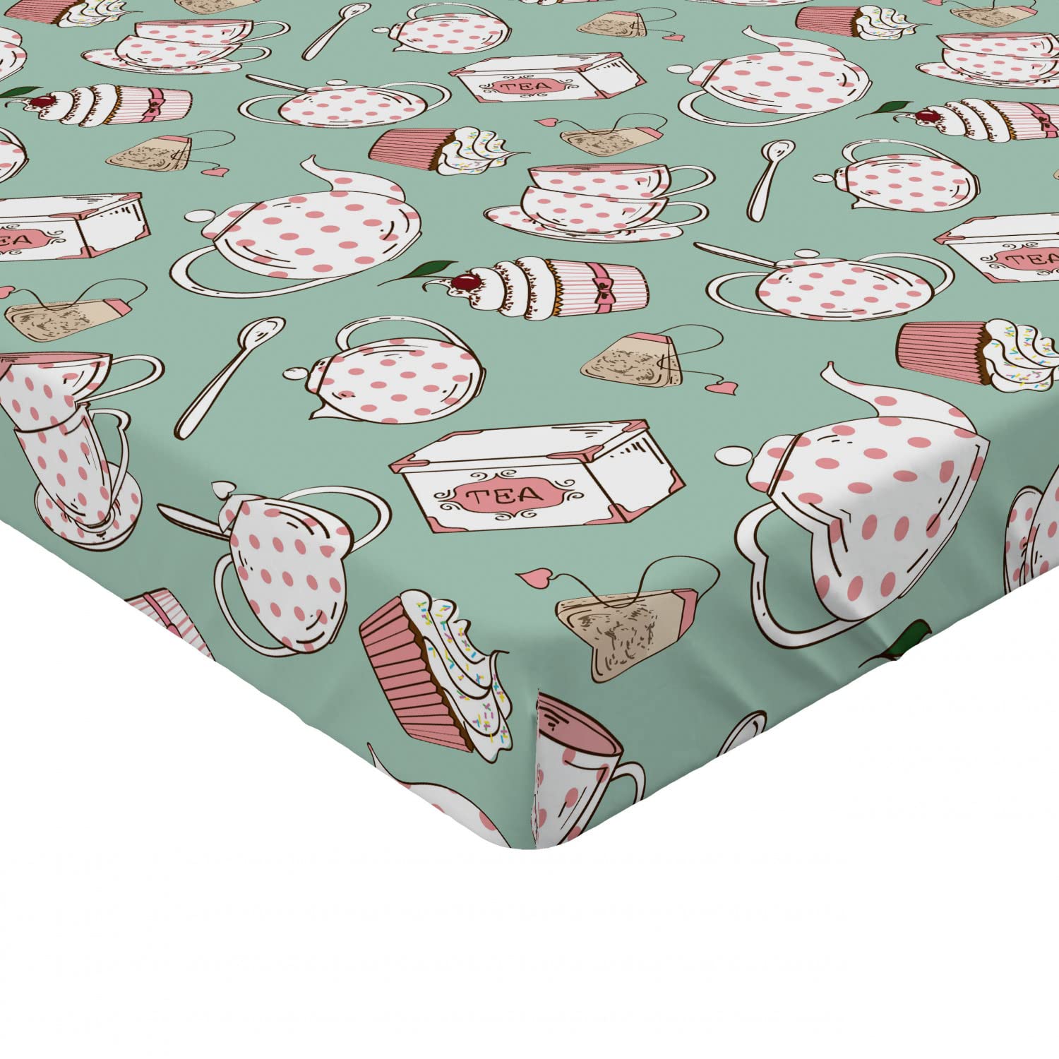 Ambesonne Tea Party Fitted Sheet - Polka Dot Teapot & Cupcake Design with Cherry & Teabag - Full Size Deep Pocket Elastic Bed Cover - Almond Green Coral - Perfect for Themed Bedrooms, Guest Rooms & Tea Lover Decor
