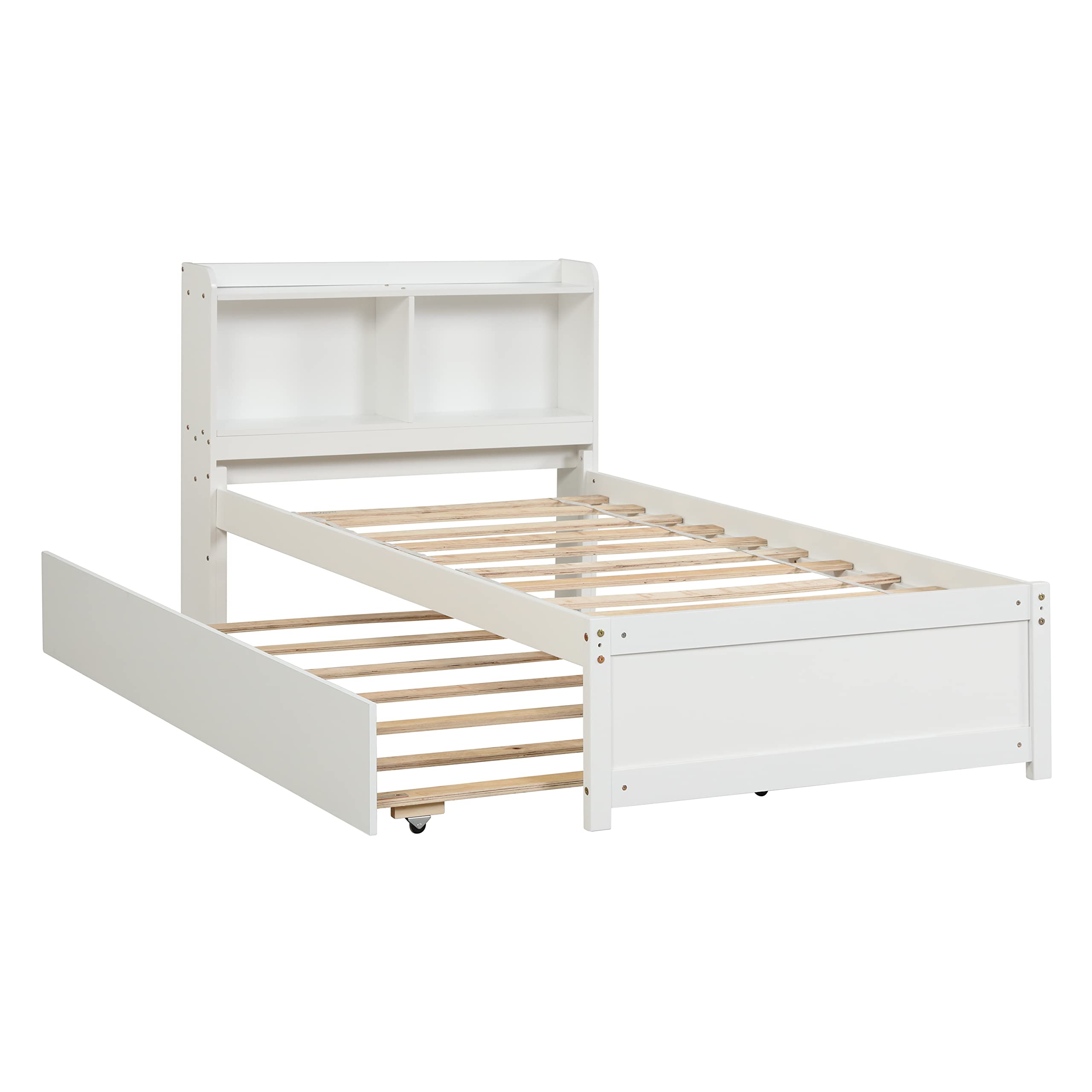 Twin Size Platform Bed with Trundle - Wooden Twin Bed Frame with Bookcase Headboard & Storage Shelves, No Box Spring Needed (White) - Perfect for Kids Rooms, Guest Beds & Small Space Bedrooms