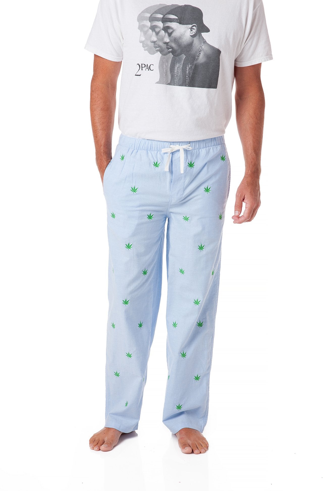 Blue Oxford Sleep Pants with Pot Leaf Design - Comfortable Lounge Pajama Bottoms for Relaxing at Home