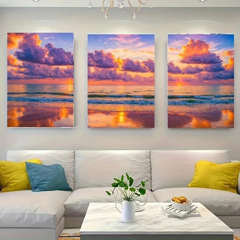 3pcs Sunset Over The Ocean Metal Wall Art - Ready to Hang Colorful Beach Decor for Living Room, Bedroom & Office