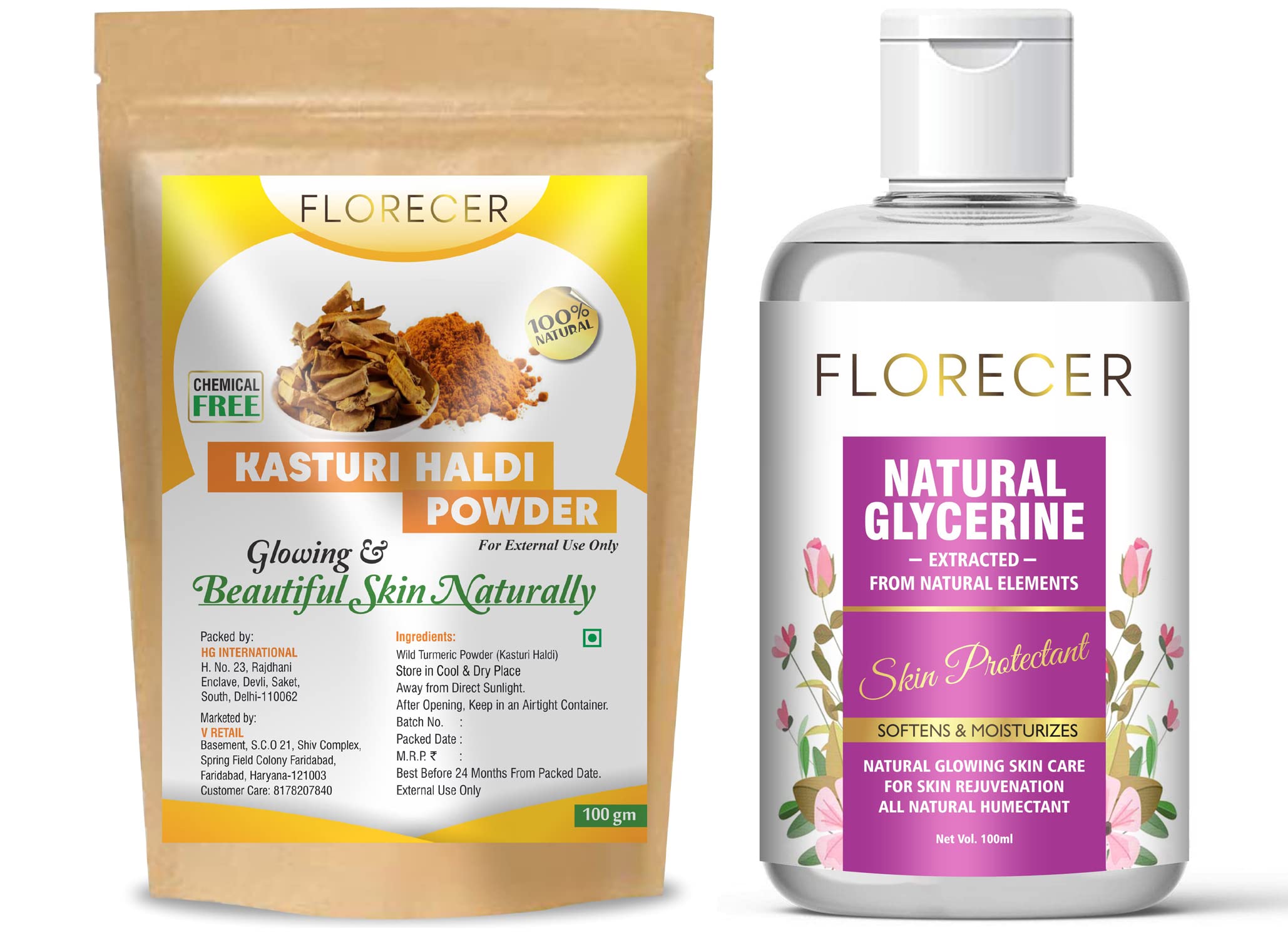 Florecer Pure Glycerin for Face & Skin Care (100ml) & Organic Kasturi Turmeric Powder for Glowing Skin (100g) - Hydrating Moisturizer & Natural Brightening Treatment for Dry Skin & Dark Spots | DIY Face Masks & Beauty Routine